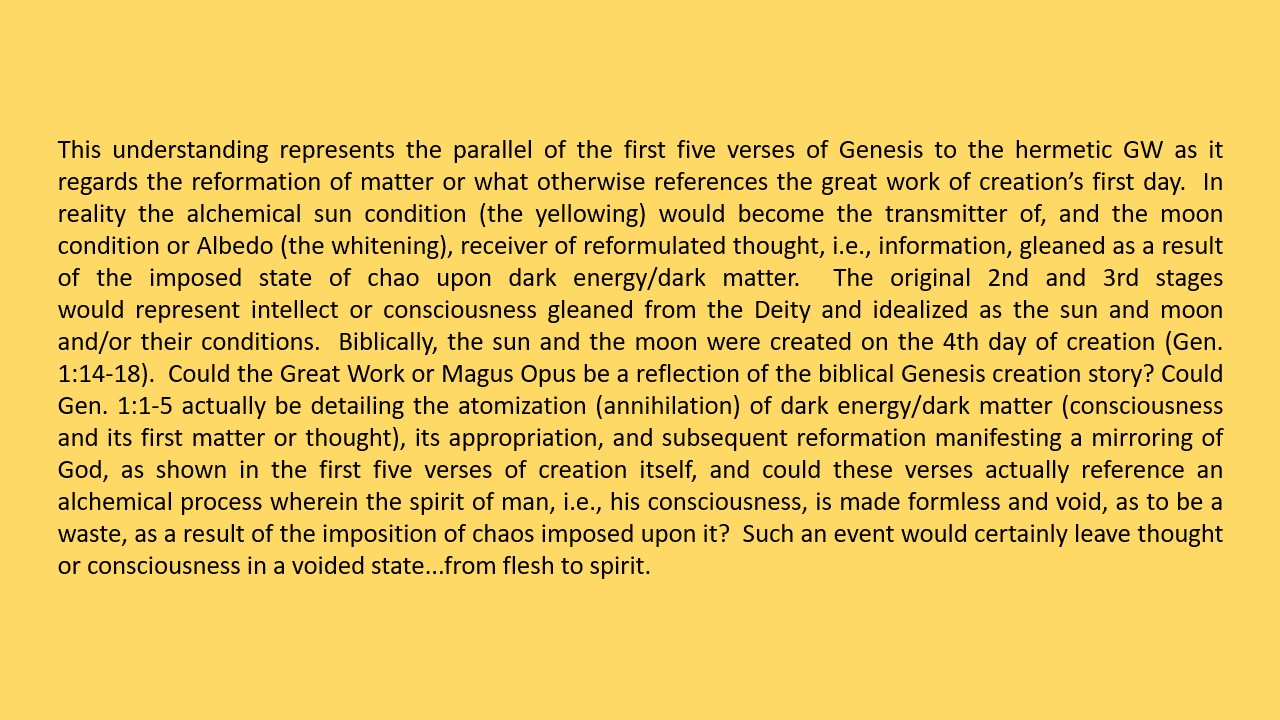 The various stages of the Work and their parallel to Genesis 1:1-5.